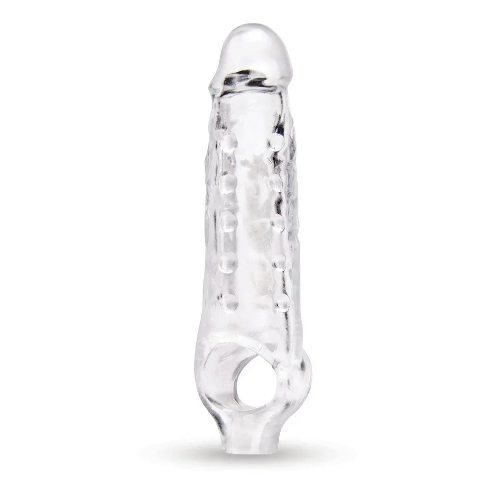 Size Up 1 Inch See-Thru Penis Extender in Clear alone, upright with the ball loop