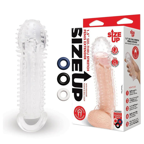 Size Up 1.5 Inch See-Thru Penis Extender in Clear with three stamina rings and its box