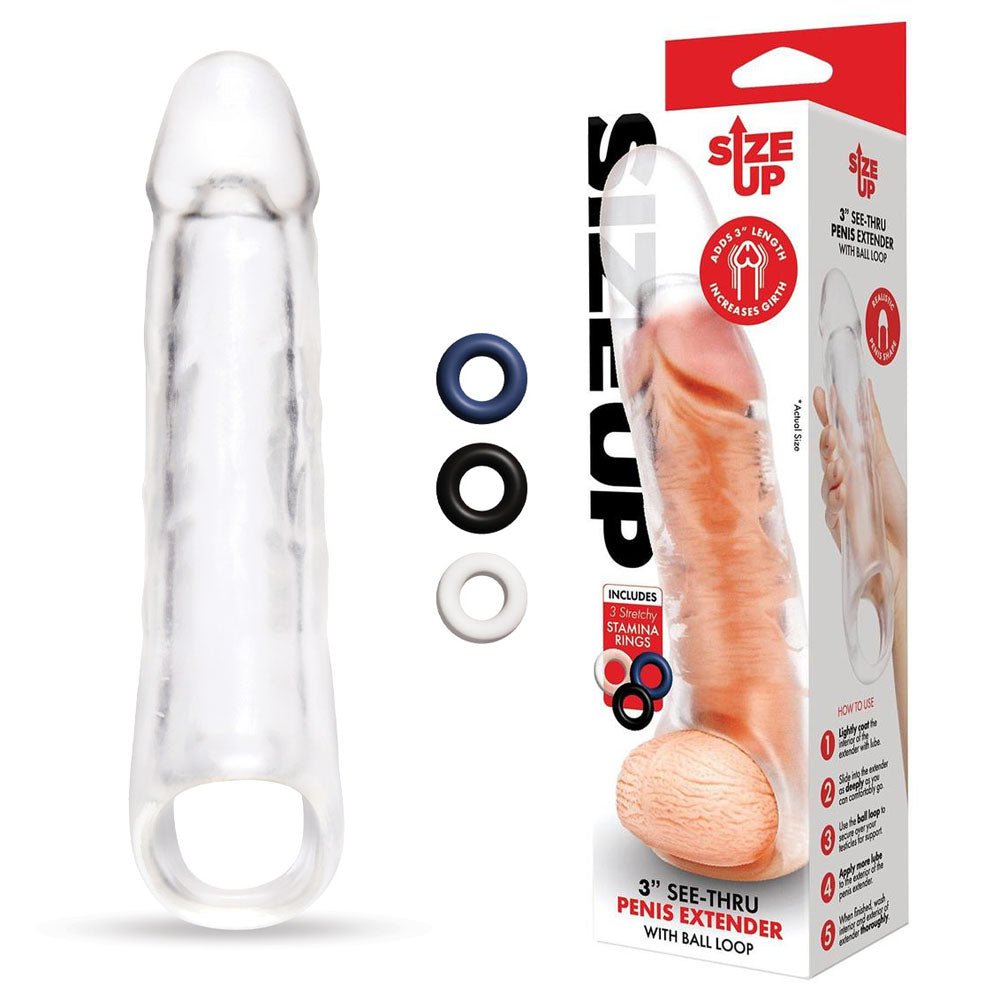 Size Up 3 Inch See - Thru Penis Extender with Ball Loop - Clear 7.6 cm (3'') Penis Extension Sleeve – Sex toys NZ by Naughtyhut. Discreet delivery nationwide.