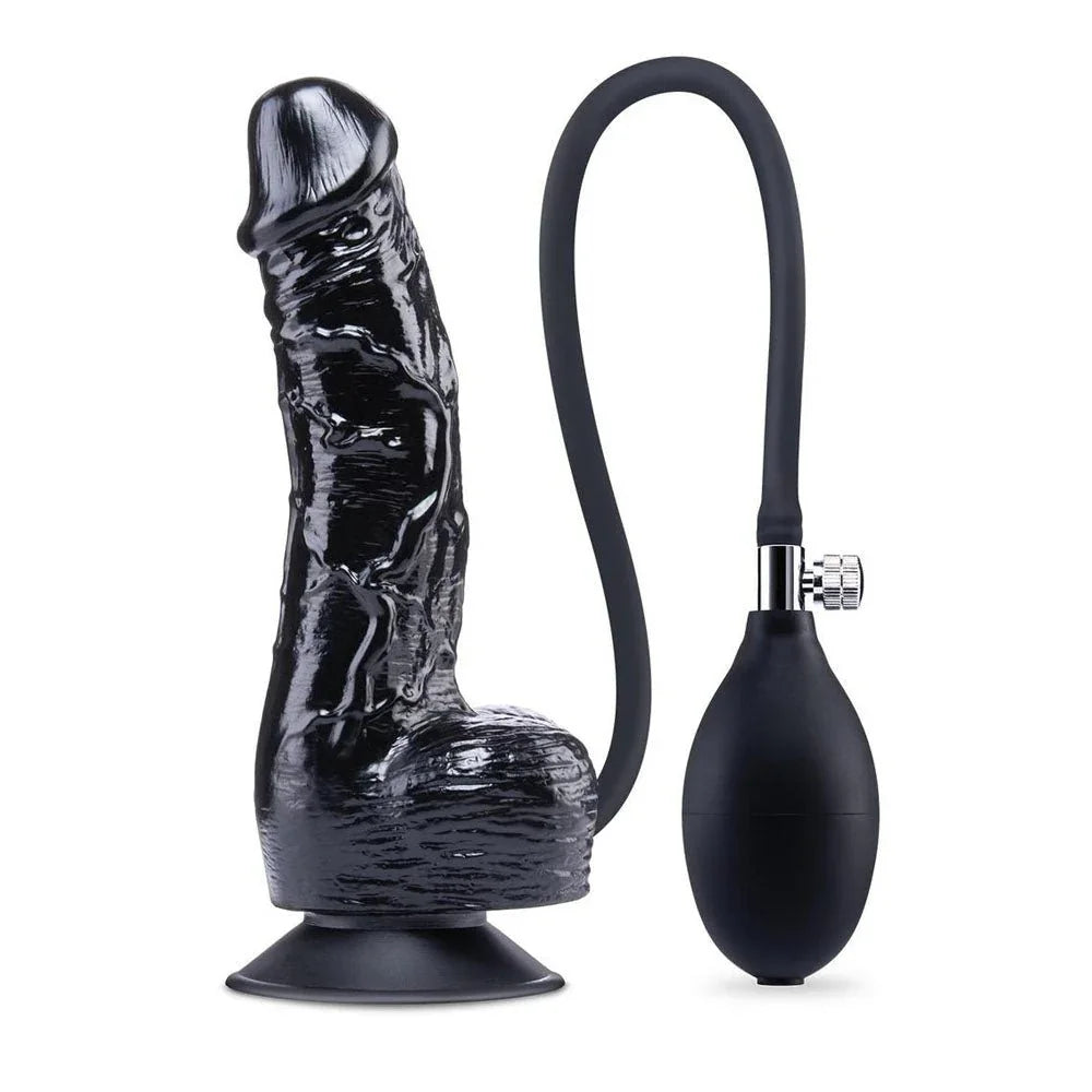 Size Up inflatable dildo on its suction base, pump bulb attached