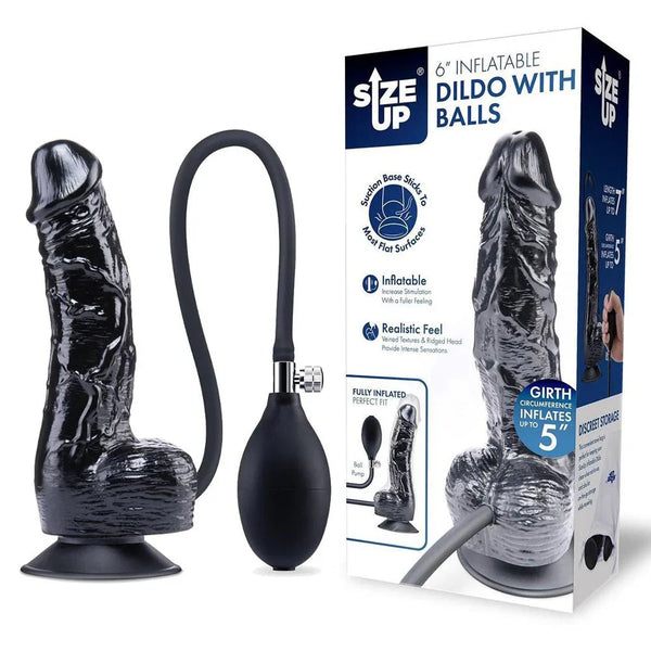 Size Up inflatable dildo in Black with hand pump, beside its retail box