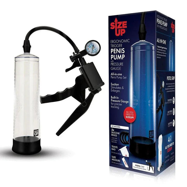 Size Up Ergonomic Trigger Penis Pump in Clear with its pressure gauge, beside the blue box