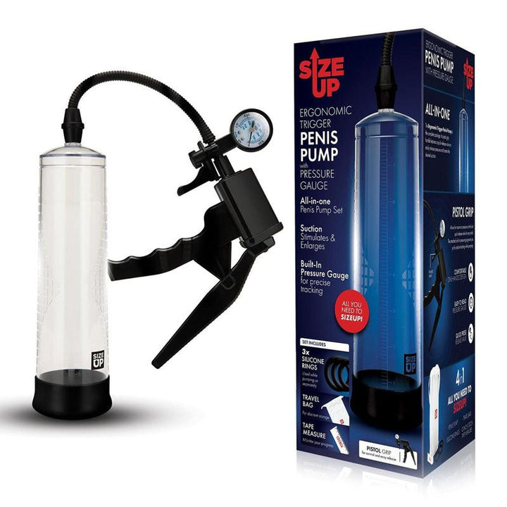 Size Up Ergonomic Trigger Penis Pump with Pressure Gauge - Clear Penis Pump – Sex toys NZ by Naughtyhut. Discreet delivery nationwide.