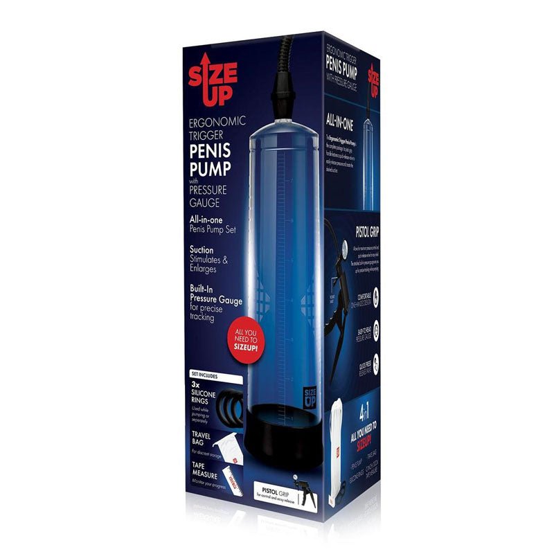 Size Up Ergonomic Trigger Penis Pump with Pressure Gauge - Clear Penis Pump – Sex toys NZ by Naughtyhut. Discreet delivery nationwide.