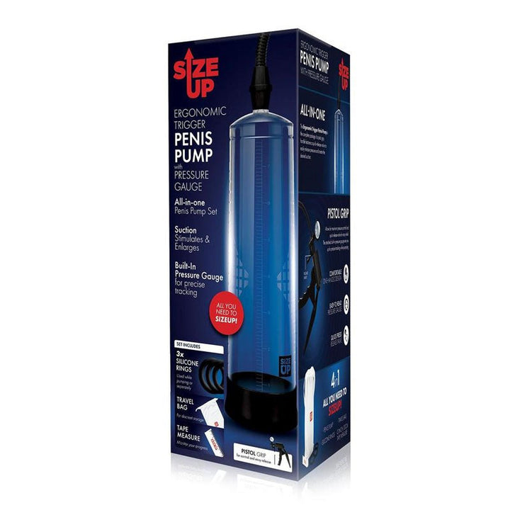 Size Up Ergonomic Trigger Penis Pump with Pressure Gauge - Clear Penis Pump – Sex toys NZ by Naughtyhut. Discreet delivery nationwide.
