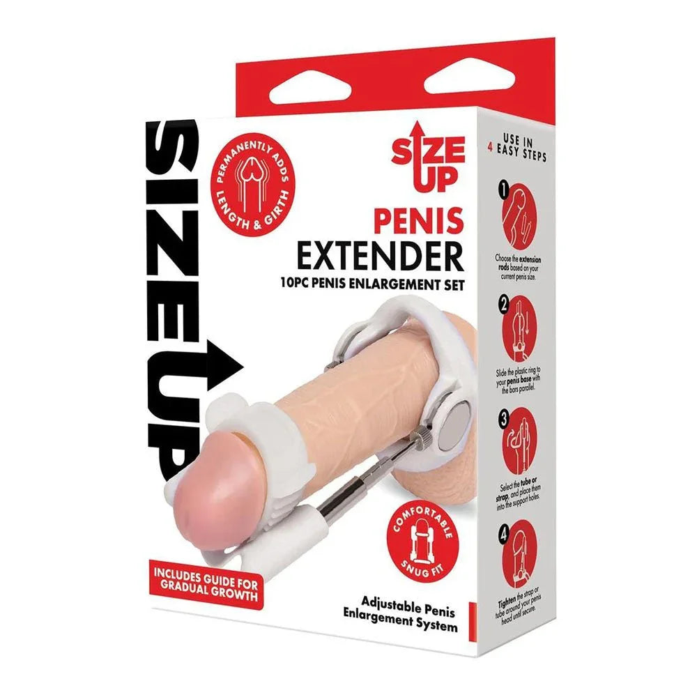 Size Up Penis Extender 10 Piece Set retail box, red and white pack showing the frame