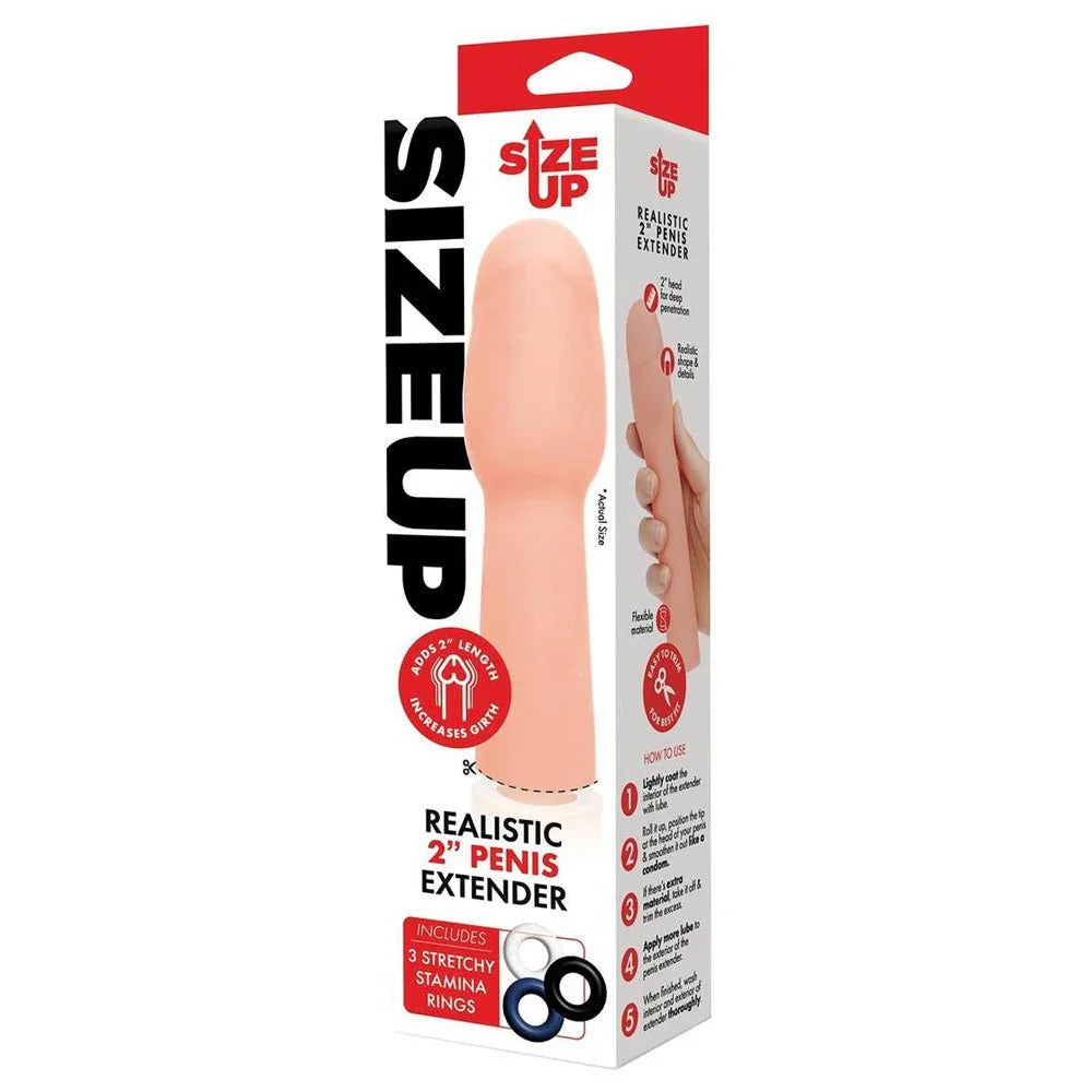 Size Up Realistic 2 Inch Penis Extender retail box alone, red and white panel