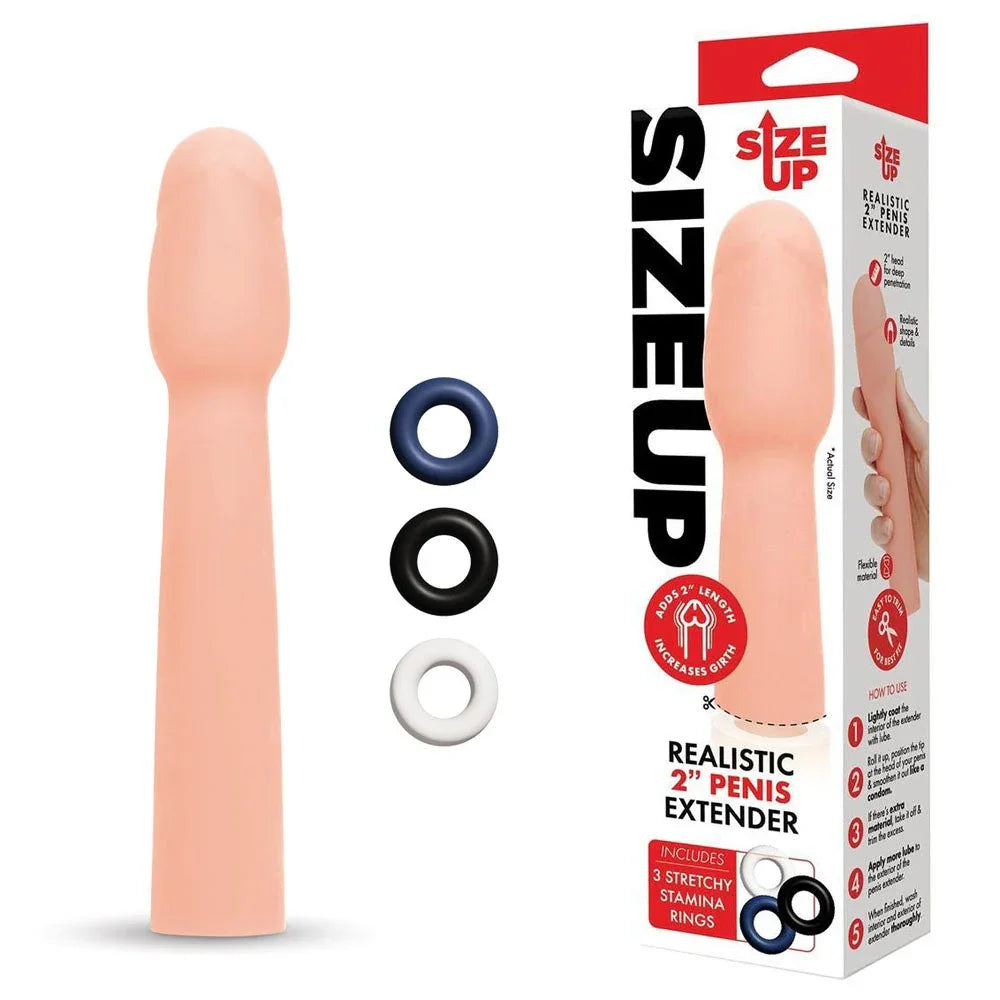 Size Up Realistic 2 Inch Penis Extender in Flesh with three stamina rings and its box