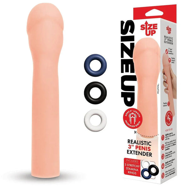 Size Up Realistic 3 Inch Penis Extender in Flesh with three stamina rings and its box
