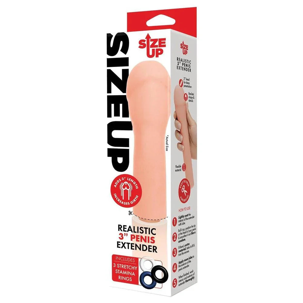 Size Up Realistic 3 Inch Penis Extender retail box alone, red and white panel