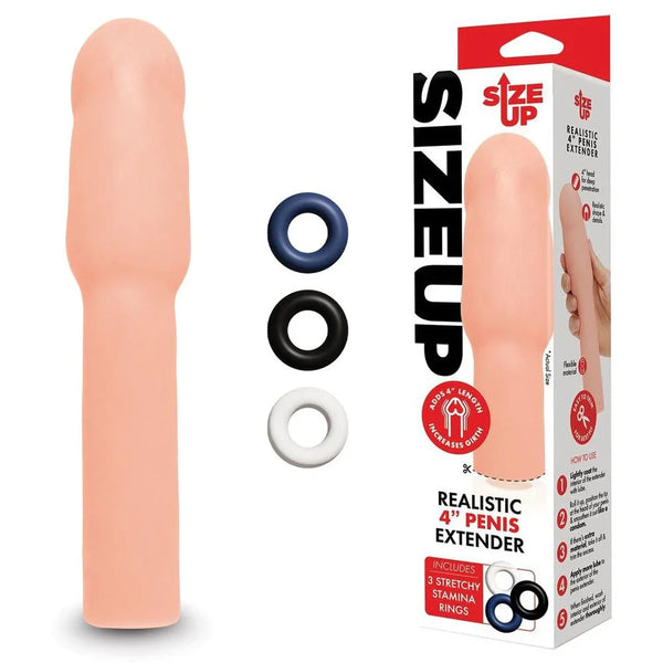 Size Up Realistic 4 Inch Penis Extender in Flesh with three stamina rings and its box