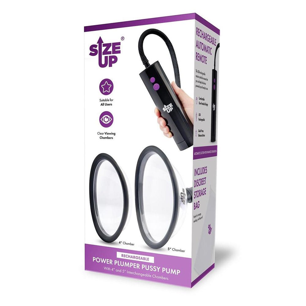 Size Up Rechargeable Power Plumper Pussy Pump - Clear USB Rechargeable Vagina Pump with Interchangeable Chambers – Sex toys NZ by Naughtyhut. Discreet delivery nationwide.