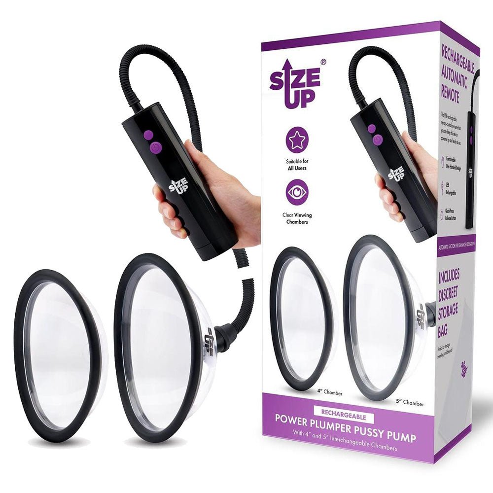 Size Up Rechargeable Power Plumper Pussy Pump - Clear USB Rechargeable Vagina Pump with Interchangeable Chambers – Sex toys NZ by Naughtyhut. Discreet delivery nationwide.