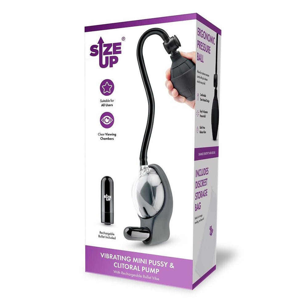 Size Up Vibrating Mini Pussy & Clitoral Pump - Clear USB Rechargeable Vibrating Vaginal and Clitoral Pump – Sex toys NZ by Naughtyhut. Discreet delivery nationwide.