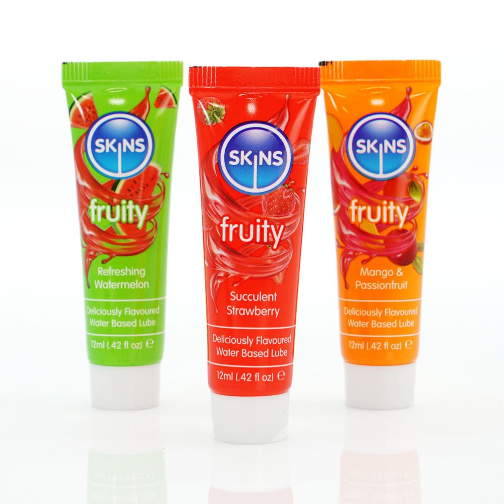 Buy Skins Fruity Tubes - Watermelon, Strawberry, & Mango & Passionfruit Flavoured Lubricants - 12 ml Bottles – Naughtyhut NZ sex toys online. Discreet delivery & top brands.