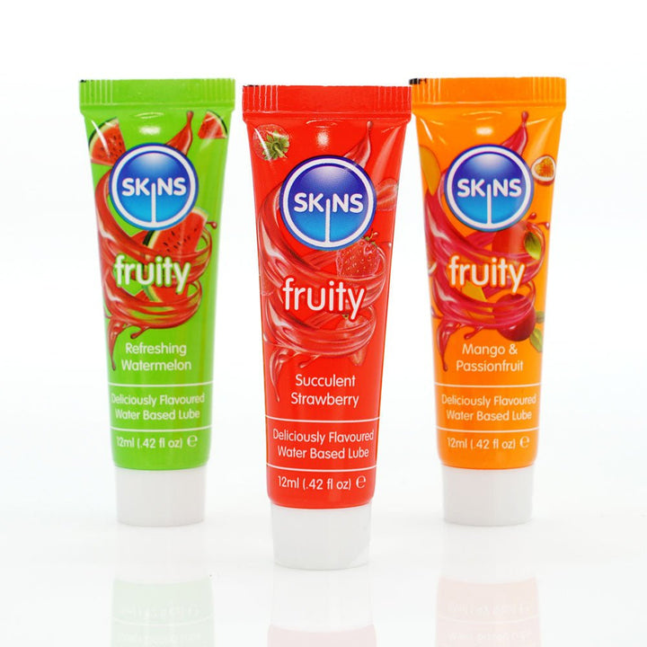 Skins Fruity Tubes - Watermelon, Strawberry, & Mango & Passionfruit Flavoured Lubricants - 12 ml Bottles – Sex toys NZ by Naughtyhut. Discreet delivery nationwide.