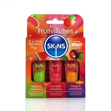 Buy Skins Fruity Tubes - Watermelon, Strawberry, & Mango & Passionfruit Flavoured Lubricants - 12 ml Bottles – Naughtyhut NZ sex toys online. Discreet delivery & top brands.