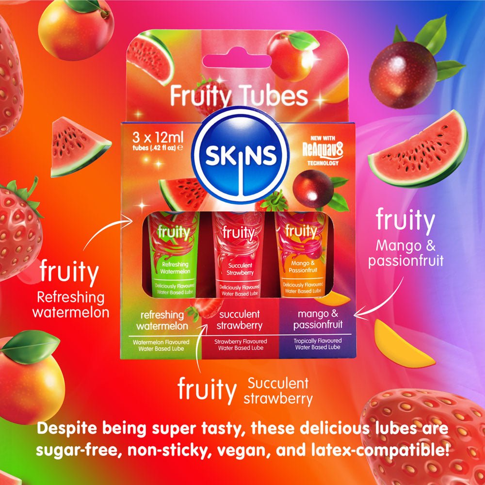Buy Skins Fruity Tubes - Watermelon, Strawberry, & Mango & Passionfruit Flavoured Lubricants - 12 ml Bottles – Naughtyhut NZ sex toys online. Discreet delivery & top brands.
