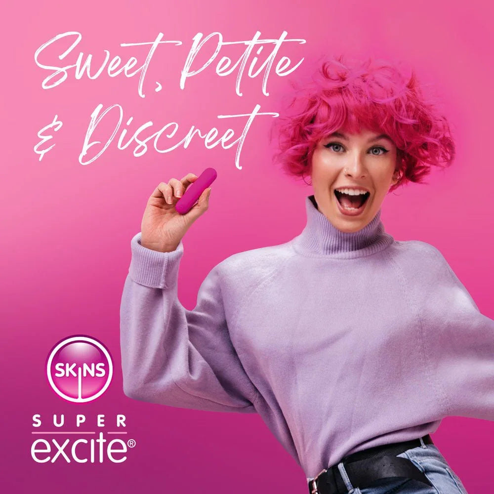 Super Excite lifestyle card, pink-haired model holding the bullet