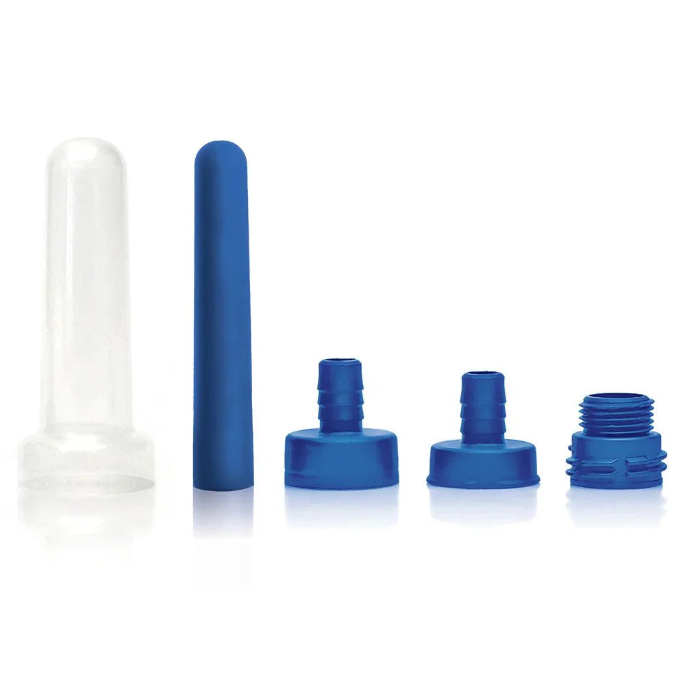 Skwert douche kit parts laid out: cap, blue nozzle and three adapters