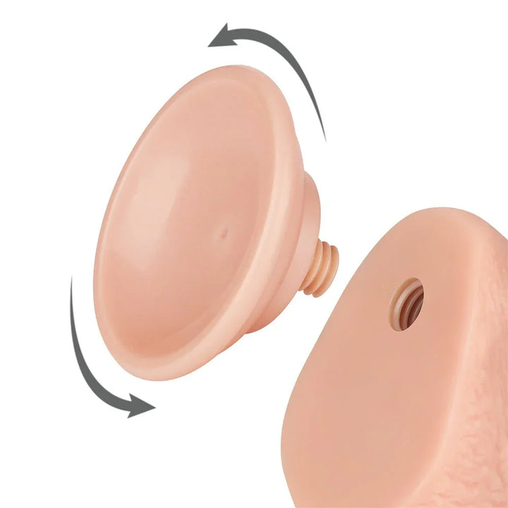 Sliding Skin suction base unscrewed from the dong, arrows showing the twist-off fitting