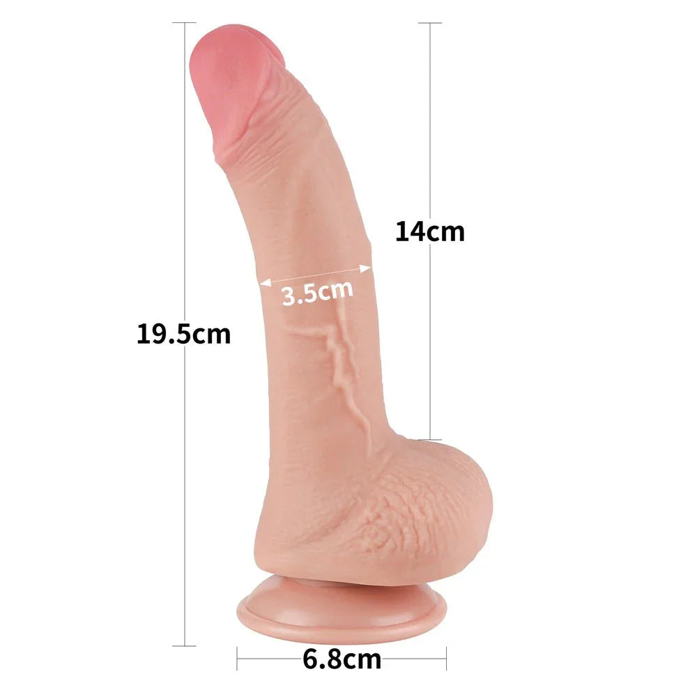 Sliding Skin 7.5 inch measurements: 19.5 cm long, 14 cm insertable, 3.5 cm wide, 6.8 cm base