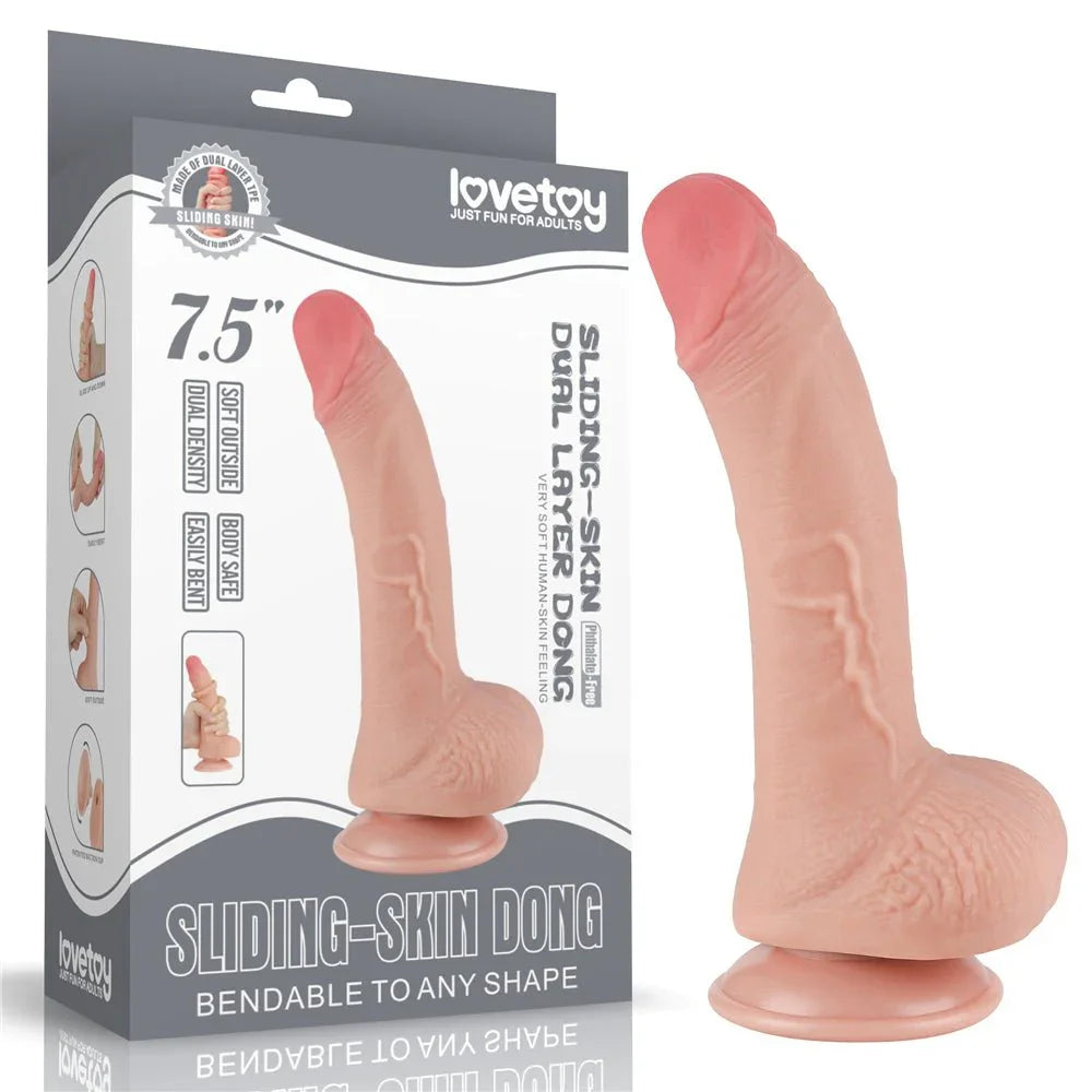 Lovetoy Sliding Skin dual layer 7.5 inch dong in Flesh with its grey retail box