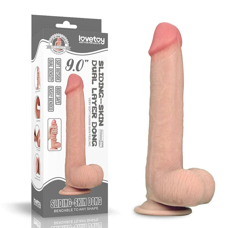 Lovetoy Sliding Skin dual layer 9 inch dong in Flesh beside its grey Sliding-Skin box