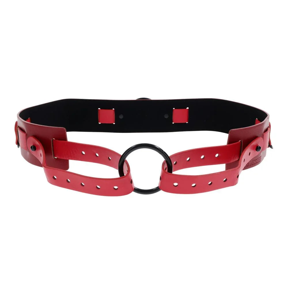 Belt seen from behind, black lining and red square loops visible