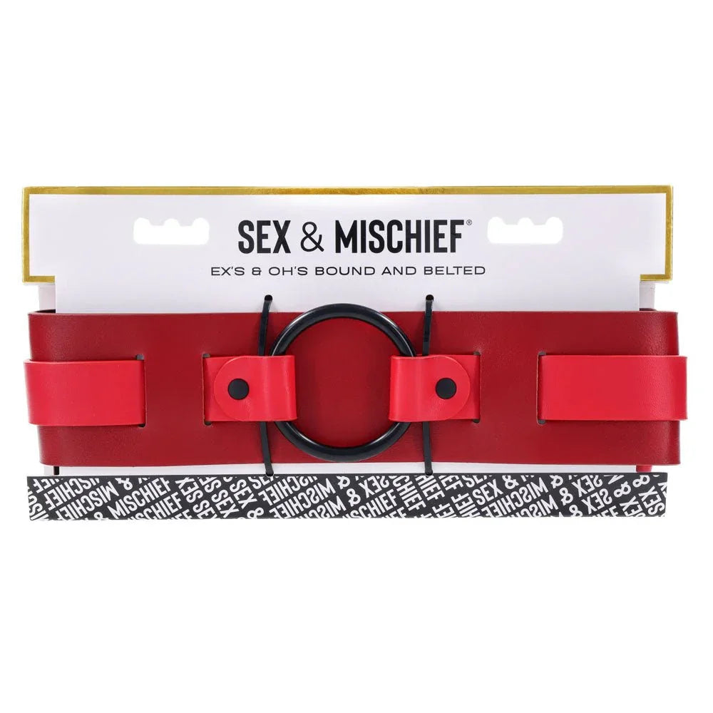 Sex & Mischief Ex's & Oh's Bound and Belted retail card front, red belt visible