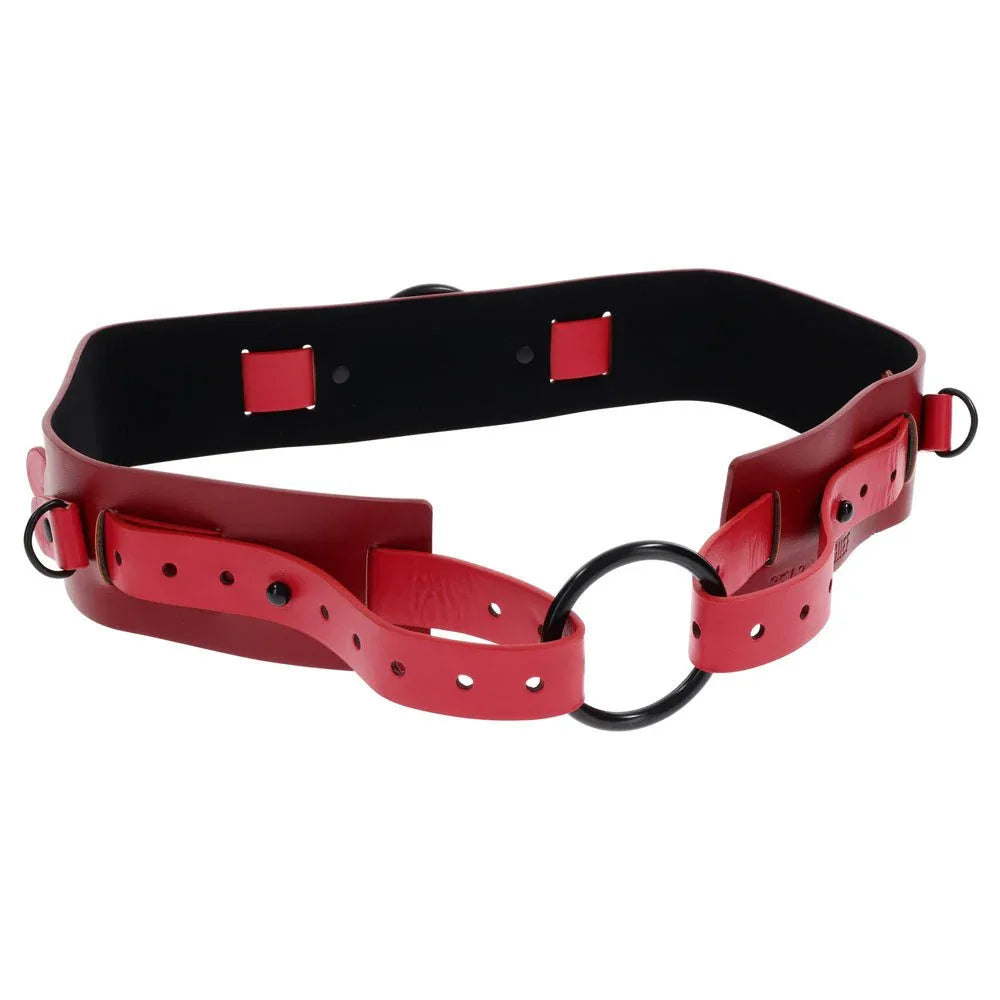 Red belt harness angled, showing the black underside and two side rings