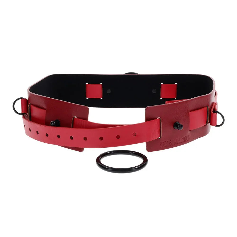 Red belt harness with the removable black O-ring detached below it