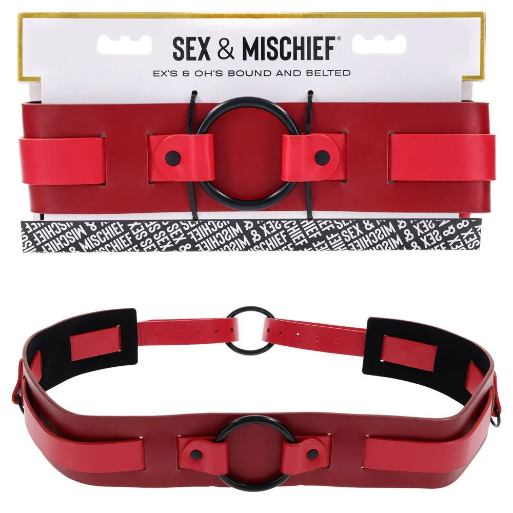 Sex & Mischief Ex's & Oh's Bound and Belted red belt on its retail card, belt below