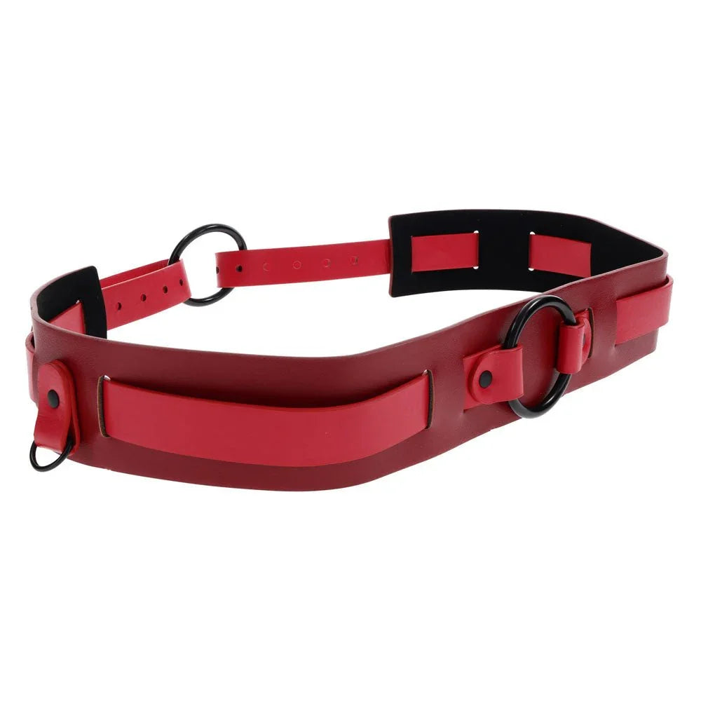 Red belt harness curved to show the side O-rings and stud fastenings
