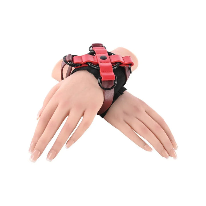 Cross Cuffs holding crossed wrists, seen from a lower angle