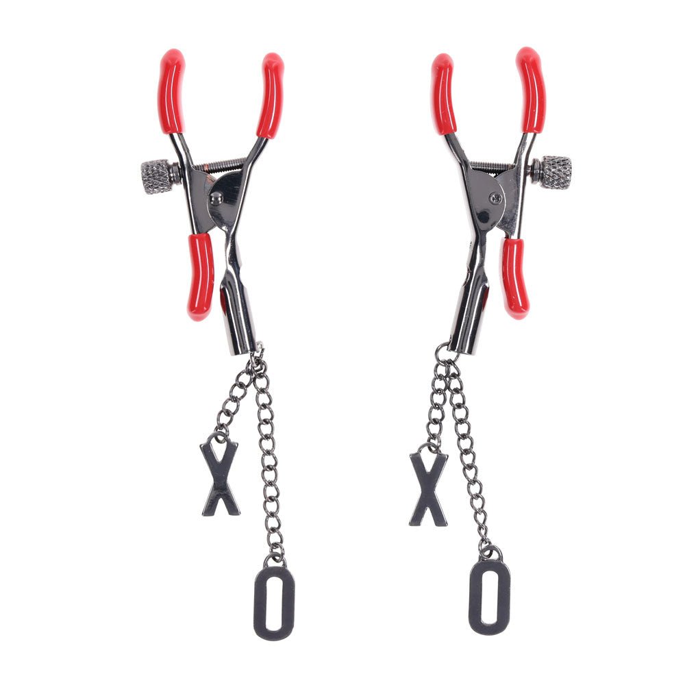 Buy S&M Exs & Ohs Nipple Clamps - Red Tipped Metal Nipple Clamps - Set of 2 – Naughtyhut NZ sex toys online. Discreet delivery & top brands.