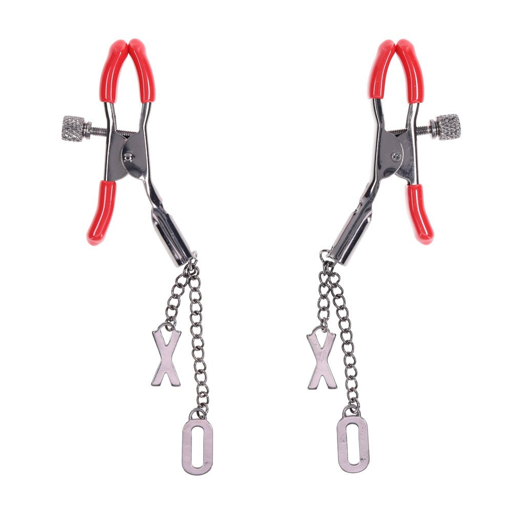 Buy S&M Exs & Ohs Nipple Clamps - Red Tipped Metal Nipple Clamps - Set of 2 – Naughtyhut NZ sex toys online. Discreet delivery & top brands.