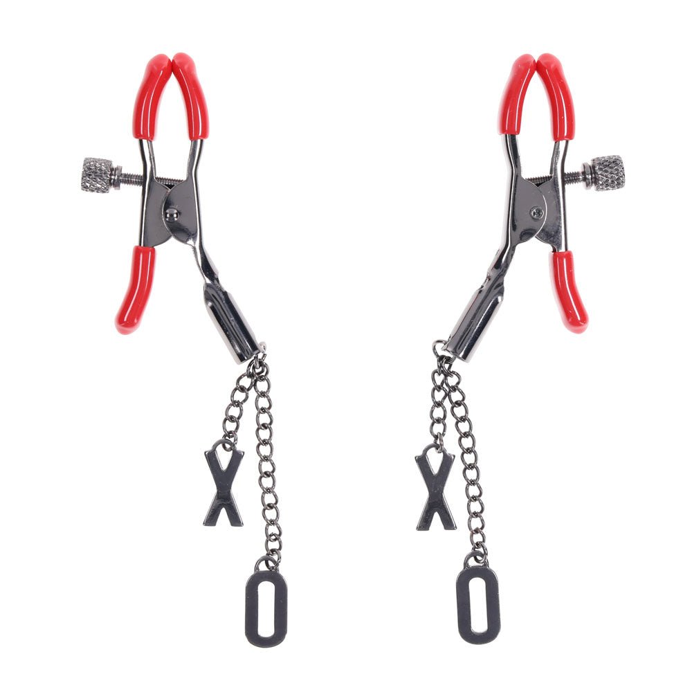 Buy S&M Exs & Ohs Nipple Clamps - Red Tipped Metal Nipple Clamps - Set of 2 – Naughtyhut NZ sex toys online. Discreet delivery & top brands.