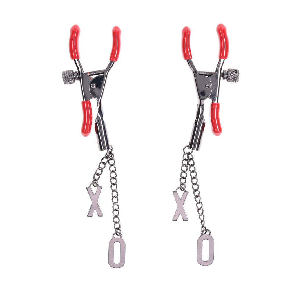 Buy S&M Exs & Ohs Nipple Clamps - Red Tipped Metal Nipple Clamps - Set of 2 – Naughtyhut NZ sex toys online. Discreet delivery & top brands.