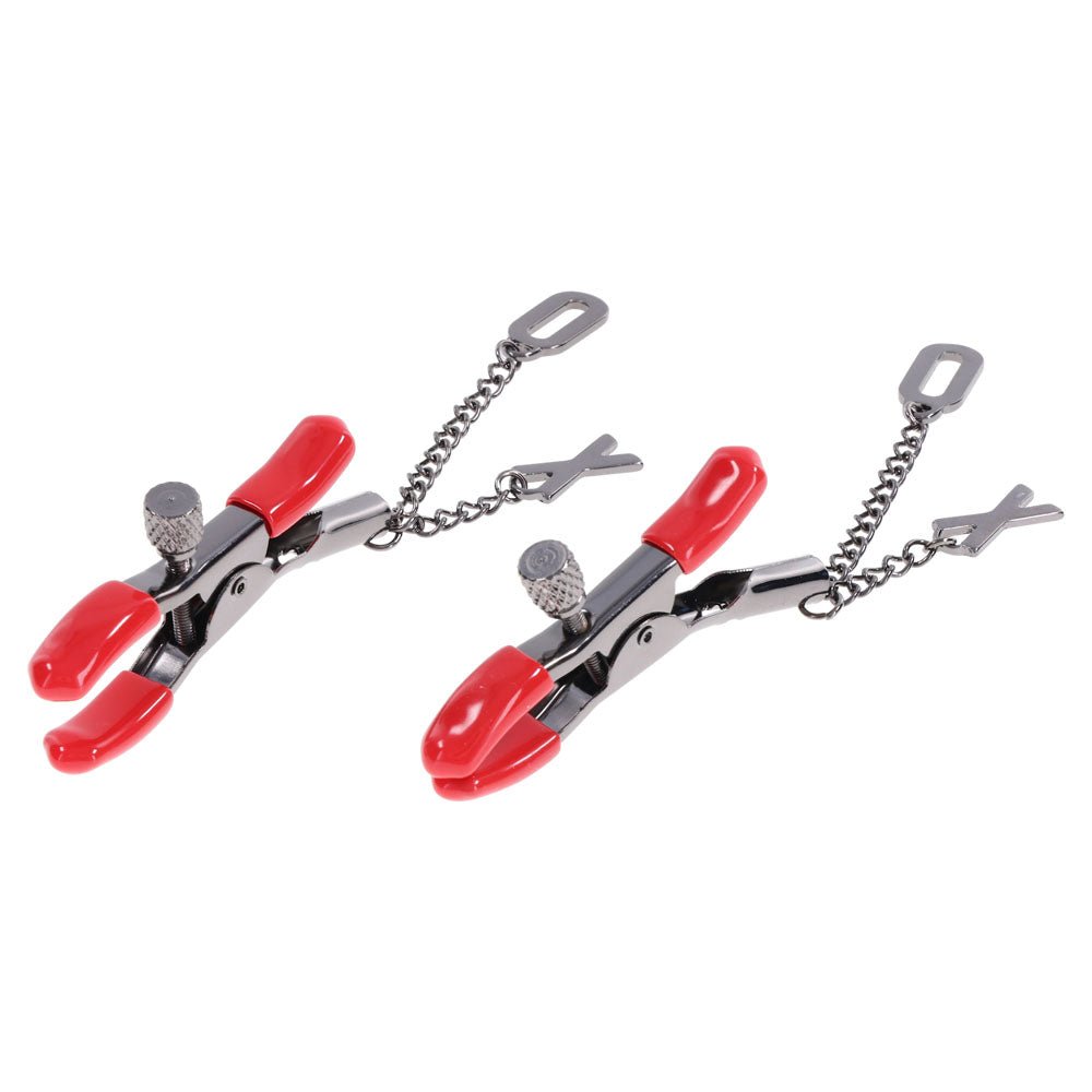 Buy S&M Exs & Ohs Nipple Clamps - Red Tipped Metal Nipple Clamps - Set of 2 – Naughtyhut NZ sex toys online. Discreet delivery & top brands.