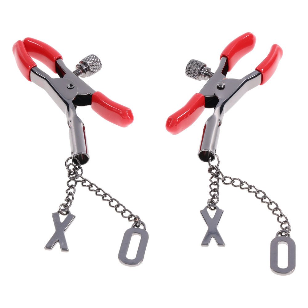 Buy S&M Exs & Ohs Nipple Clamps - Red Tipped Metal Nipple Clamps - Set of 2 – Naughtyhut NZ sex toys online. Discreet delivery & top brands.