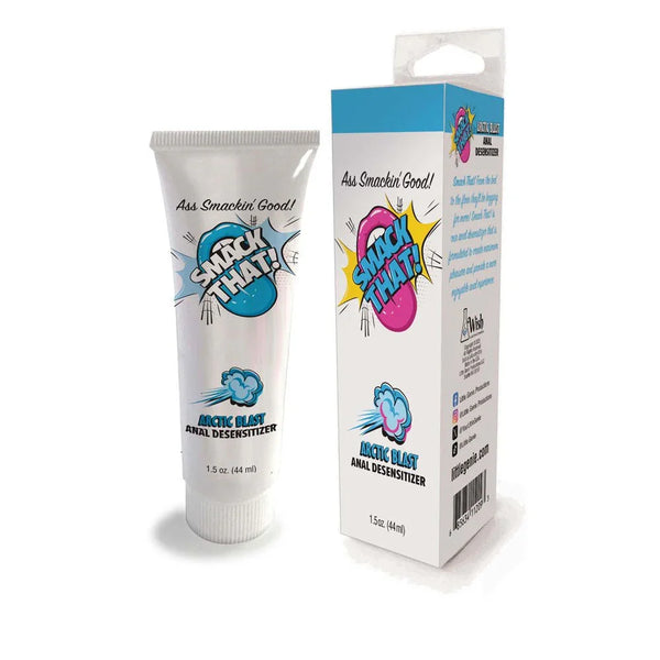 Smack That Arctic Blast anal desensitiser, 44 ml tube beside its blue carton