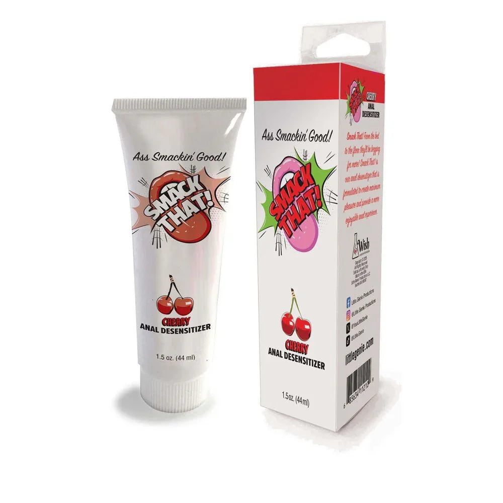 Smack That Cherry anal desensitiser, 44 ml tube beside its red-topped carton