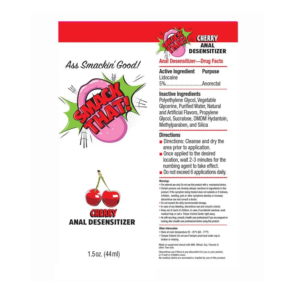 Smack That Cherry carton artwork flat, showing the drug facts and directions