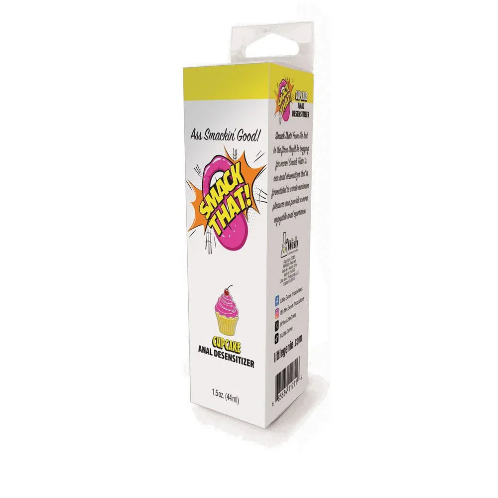 Smack That Cupcake anal desensitiser retail carton alone, angled on white