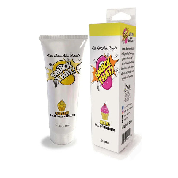 Smack That Cupcake anal desensitiser, 44 ml tube beside its yellow-topped carton
