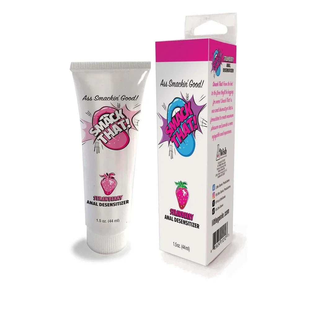Smack That Strawberry anal desensitiser, 44 ml tube beside its pink-topped carton