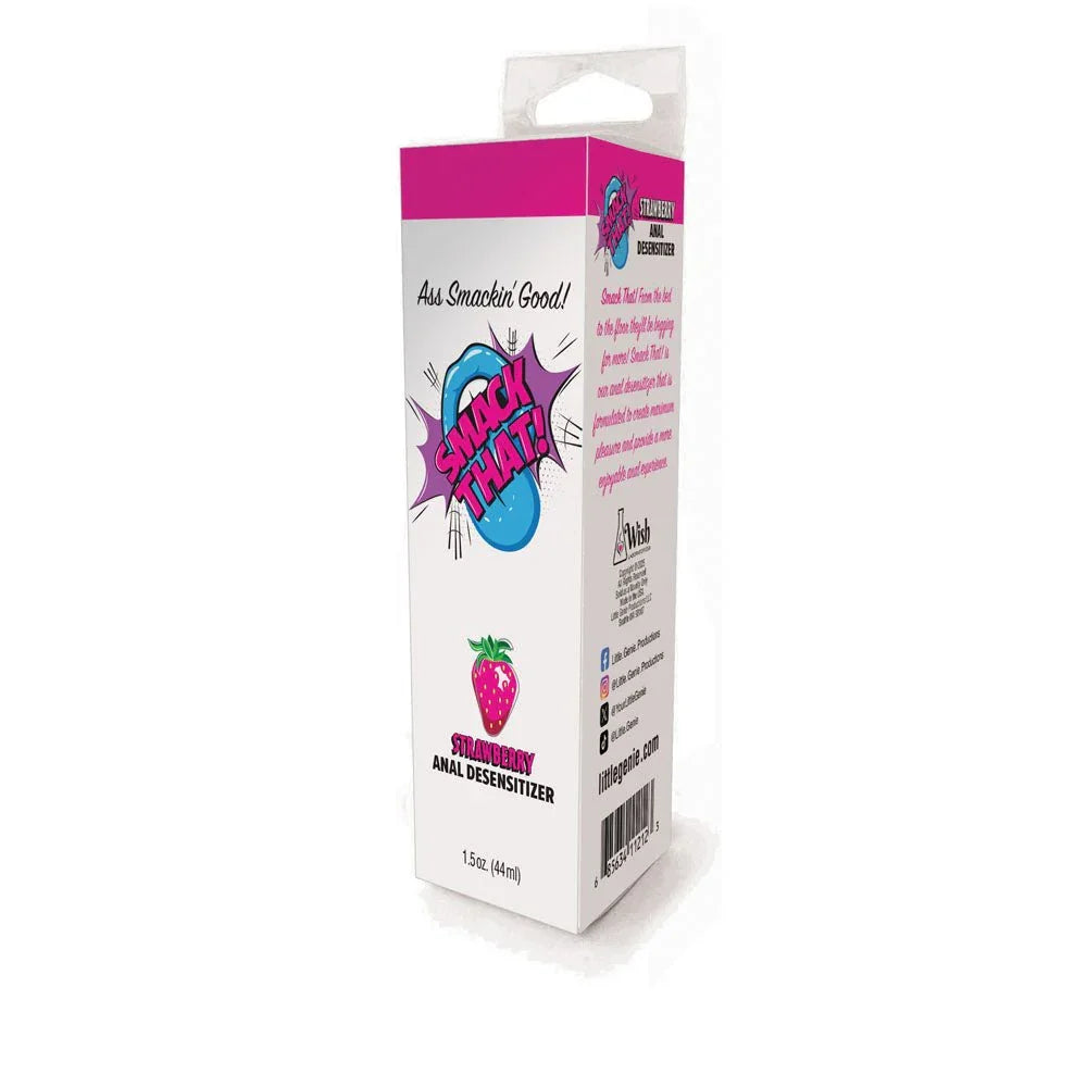 Smack That Strawberry anal desensitiser retail carton alone, angled on white