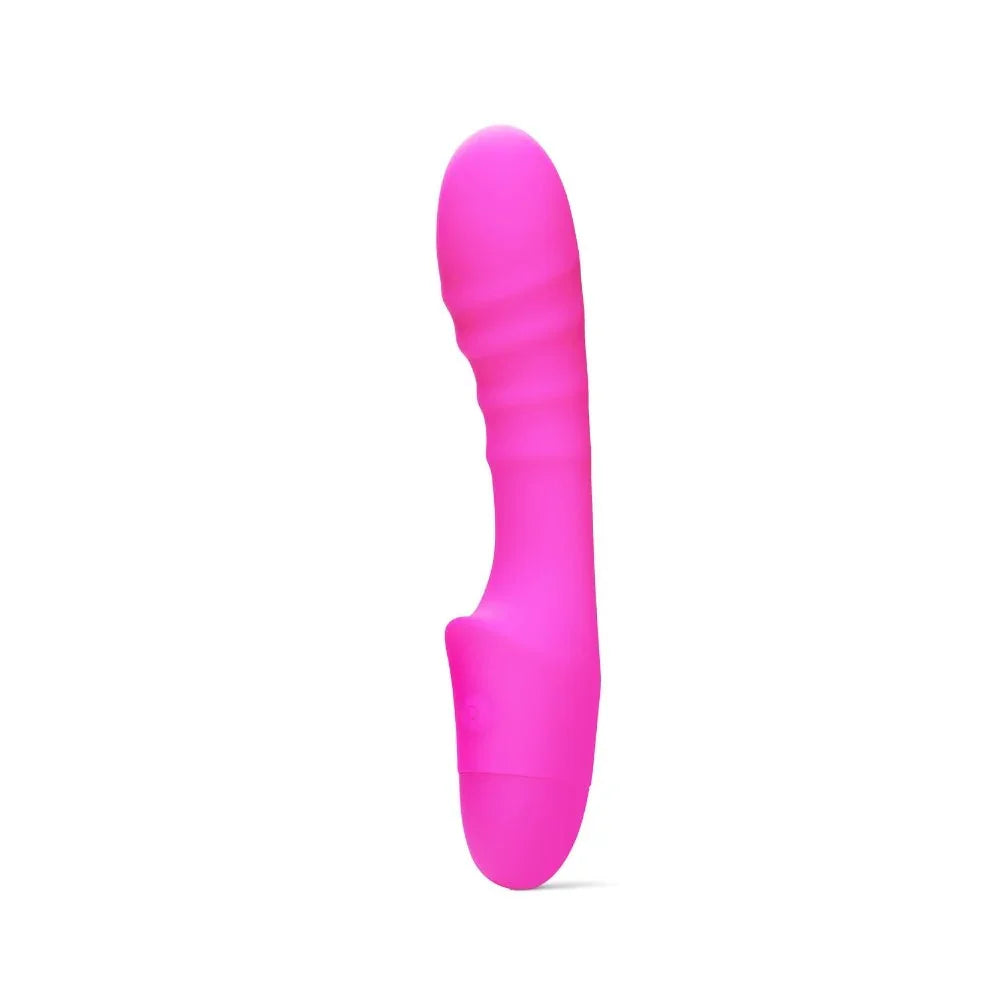 So Divine Pash ribbed vibrator in Pink, curved with clitoral tab, side view