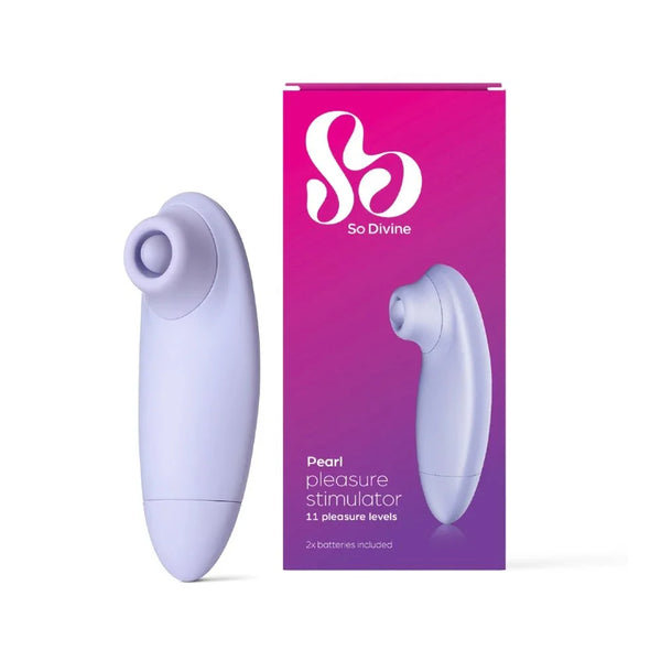 So Divine Pearl pleasure stimulator in Lilac beside its magenta box